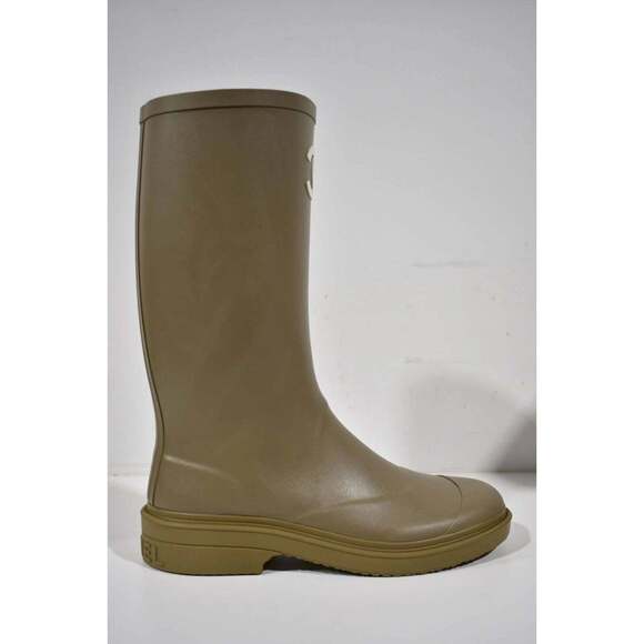 Chanel 22K Dark Beige Caoutchouc White CC Logo High Pull On Rubber Rain Boots 40 - Picture 2 of 12